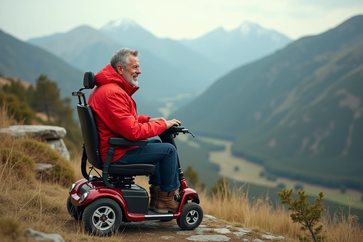 Homme en scooter regardant la vallée en montagne