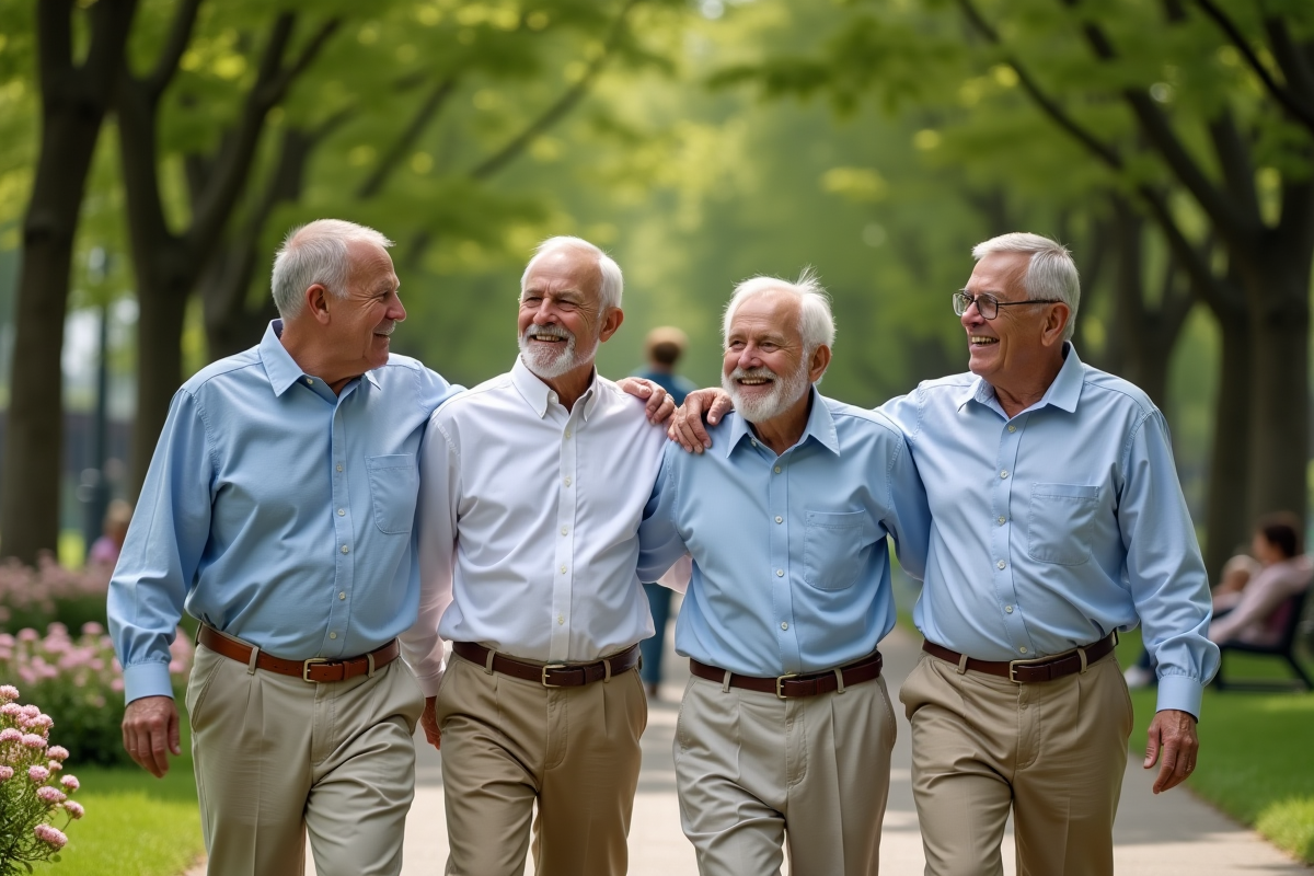 Groupe d hommes ages marchant dans un parc ensoleille