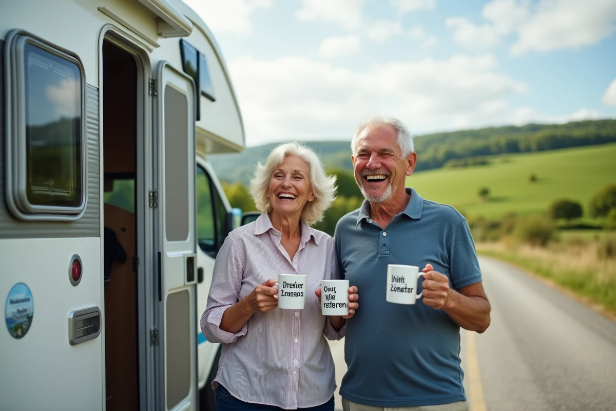 Couple de retraités heureux devant un camping-car avec mugs humoristiques retraite 2026 à la campagne