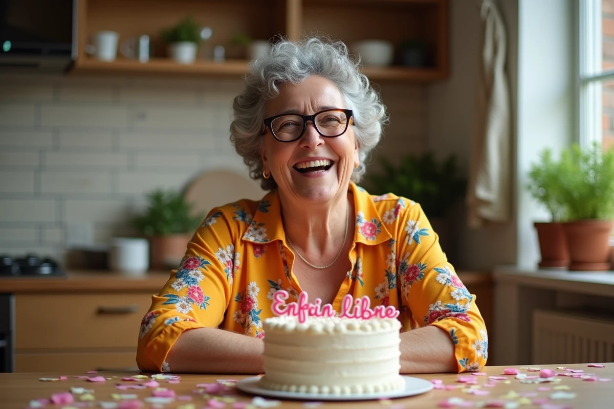 Femme retraitée joyeuse riant à une table de fête avec gâteau humoristique retraite 2026
