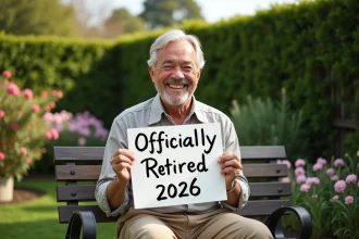 Homme retraité souriant tenant une pancarte humoristique dans un jardin fleuri en 2026