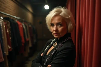 Femme blonde icône pop dans les coulisses d'un grand concert, veste noire structurée, regard intense et assuré