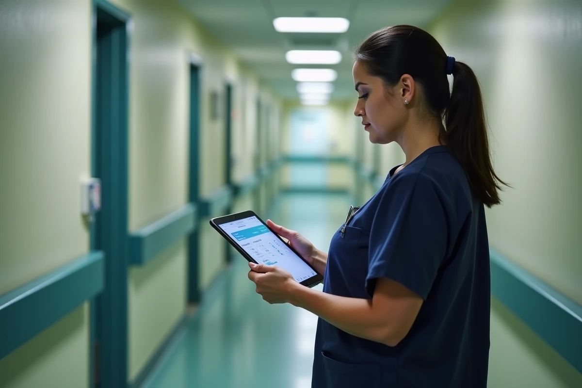 IDEC consultant une application de coordination des soins sur tablette dans le couloir d'un EHPAD