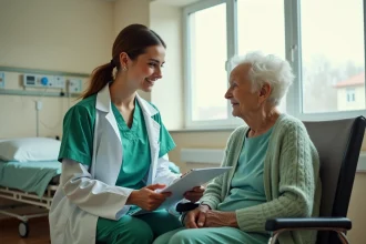Interne en gériatrie évaluant une patiente âgée avec un formulaire d'évaluation ADL dans une chambre d'hôpital
