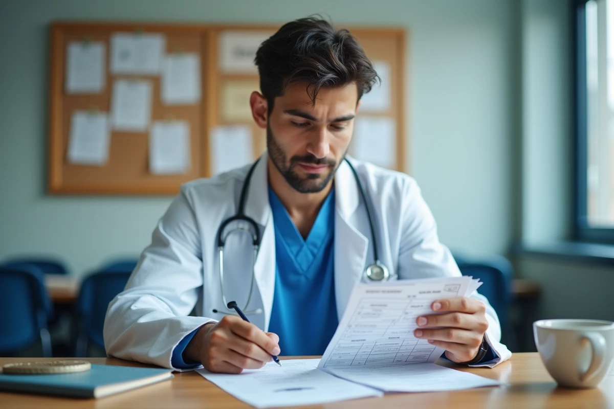 Interne en médecine étudiant les grilles de scores ADL gériatriques avec annotations sur un bureau d'hôpital