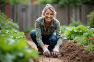 Femme d'âge moyen en extérieur qui désherbe dans le jardin