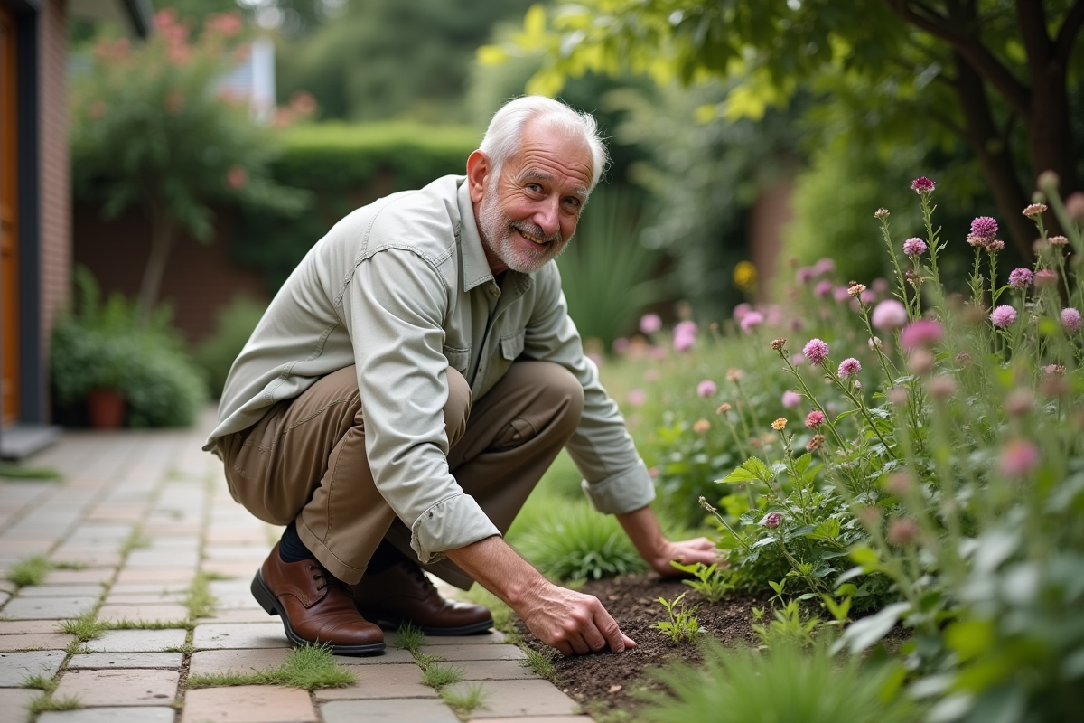 Homme âgé en jardin qui enlève des mauvaises herbes dans le jardin