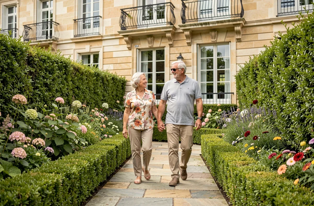 Couple de seniors se promenant dans le jardin verdoyant des Jardins d'Arcadie Nantes Bellamy St-Félix, avec la façade de la résidence en arrière-plan