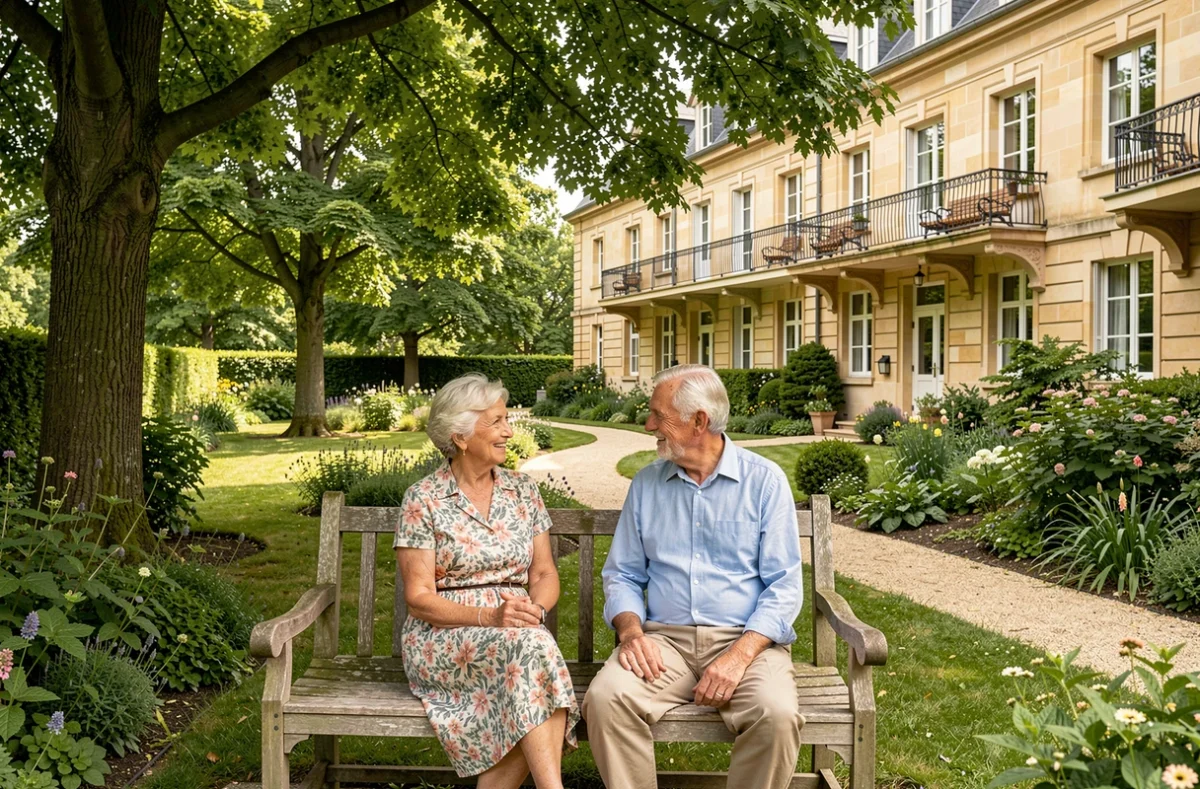 Couple de seniors assis dans le grand jardin verdoyant des Jardins d'Arcadie Nantes La Gaudinière, avec les bâtiments de la résidence visibles en arrière-plan