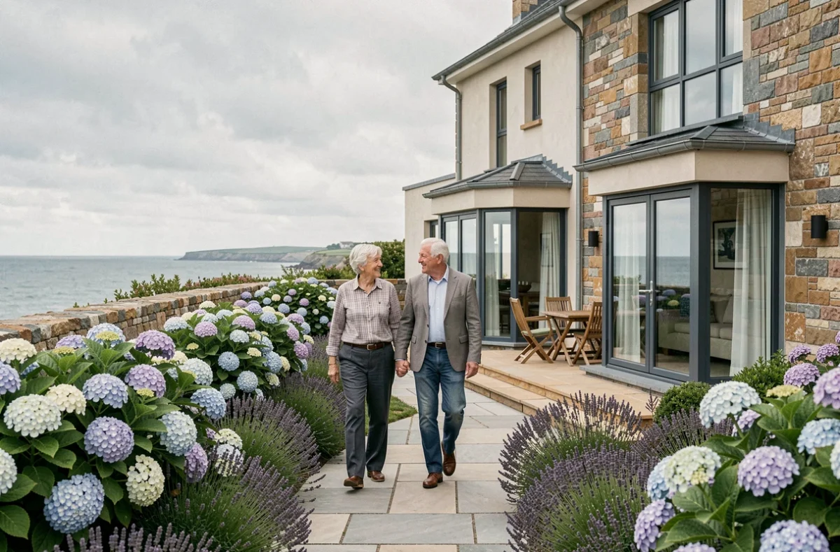 Couple de retraités se promenant dans le jardin des Jardins d'Arcadie à Pléneuf-Val-André avec vue sur la côte bretonne