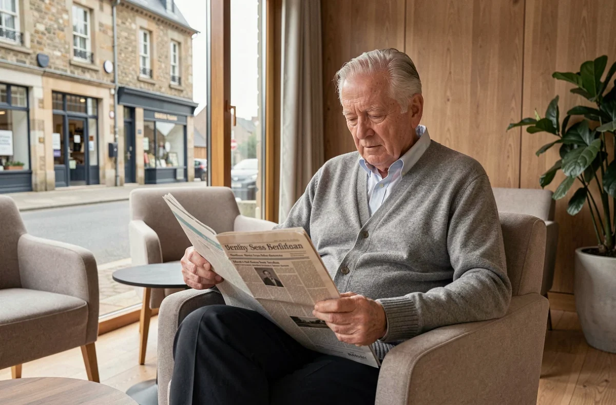Résident senior lisant un journal dans le salon moderne des Jardins d'Arcadie à Saint-Brieuc
