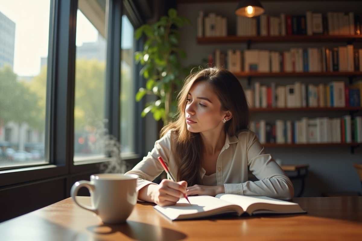 Jeune femme écrivant dans un café lumineux