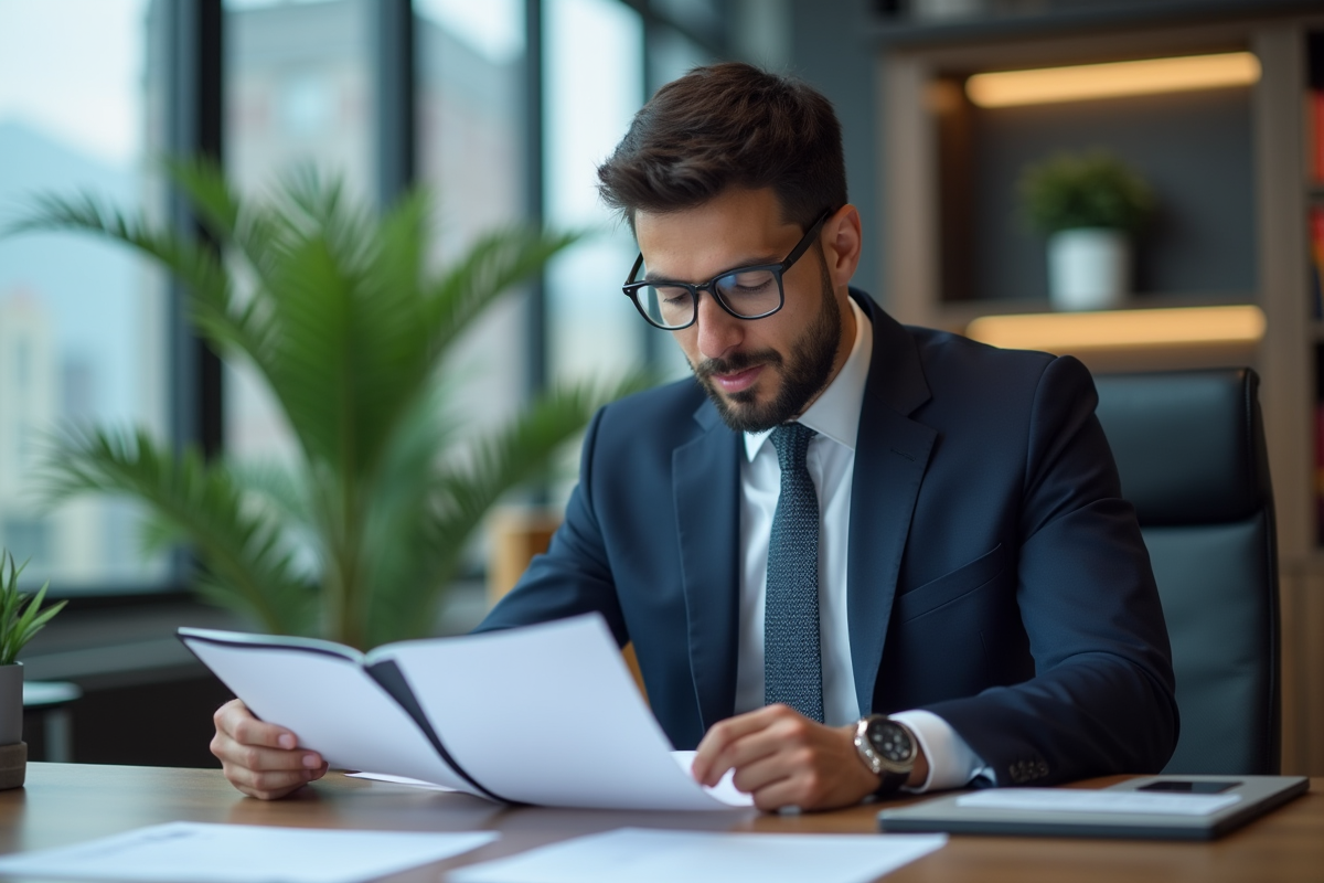 Jeune professionnel lisant un document dans un bureau moderne