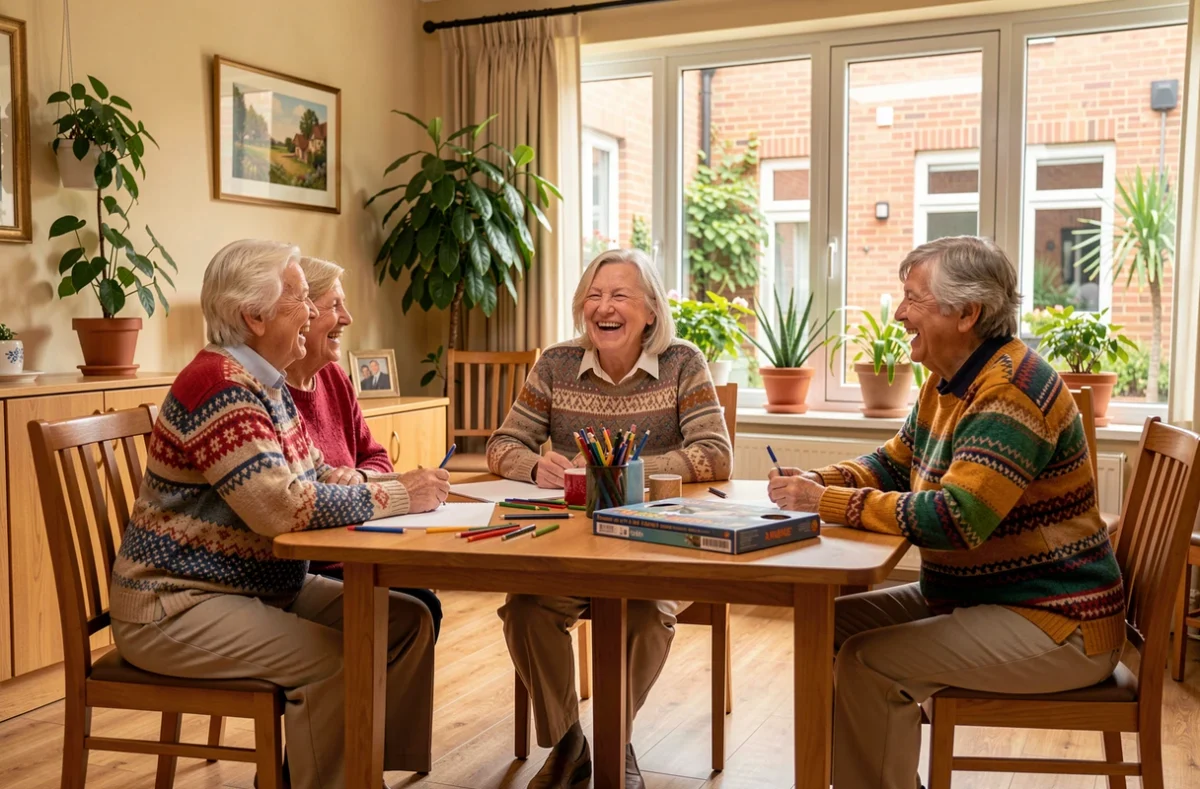Groupe de trois femmes seniors riant ensemble lors d'une activité conviviale dans la salle de vie de la résidence Le Bel Age à Nantes