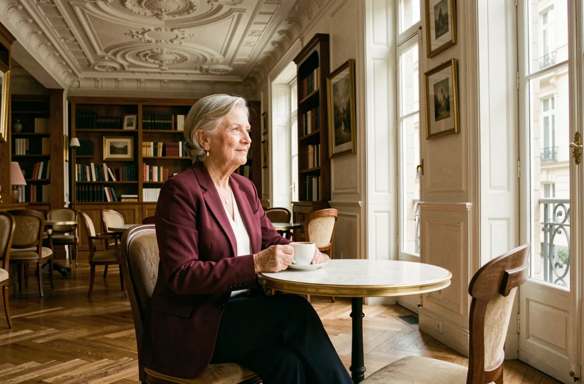 Femme senior élégante dans le salon raffiné de la résidence Les Renaissances Graslin à Nantes, avec décoration intérieure aux références architecturales classiques nantaises