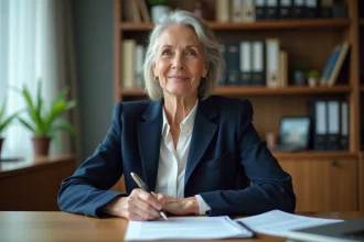 Femme cadre en fin de carrière signant sa lettre de départ à la retraite au bureau