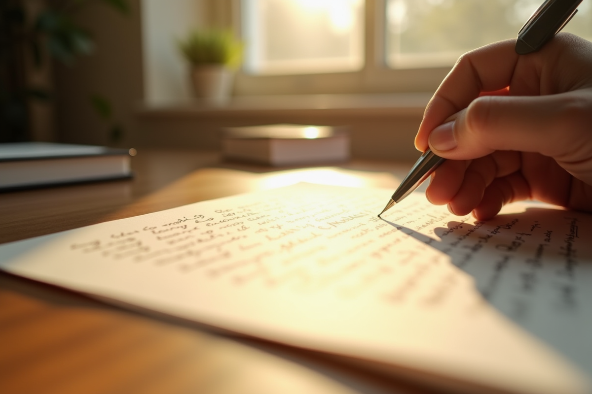 Lettre manuscrite sur bureau ensoleille avec lumiere naturelle