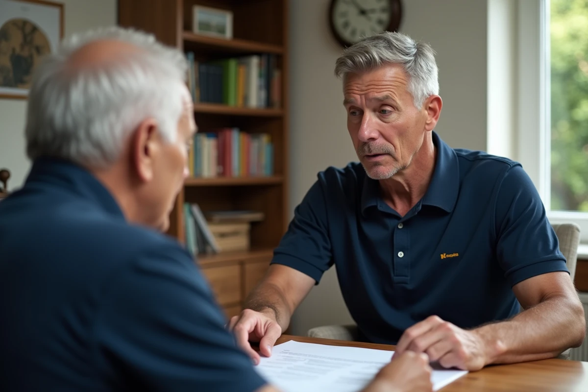 Auxiliaire de vie masculin expliquant les limites de ses missions légales à un senior lors d'une consultation à domicile