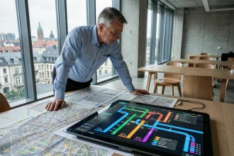 Responsable municipal analysant un logiciel de télégestion de réseau d'eau sur tablette tactile dans un bureau moderne avec vue sur la ville