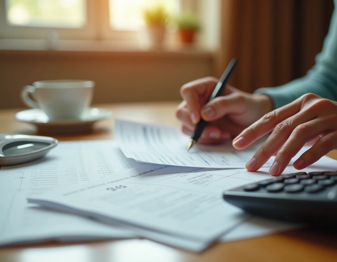 Mains d'un senior triant des relevés bancaires avec une calculatrice