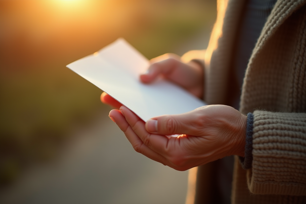 Mains d une personne agee tenant une lettre pliee en lumiere douce