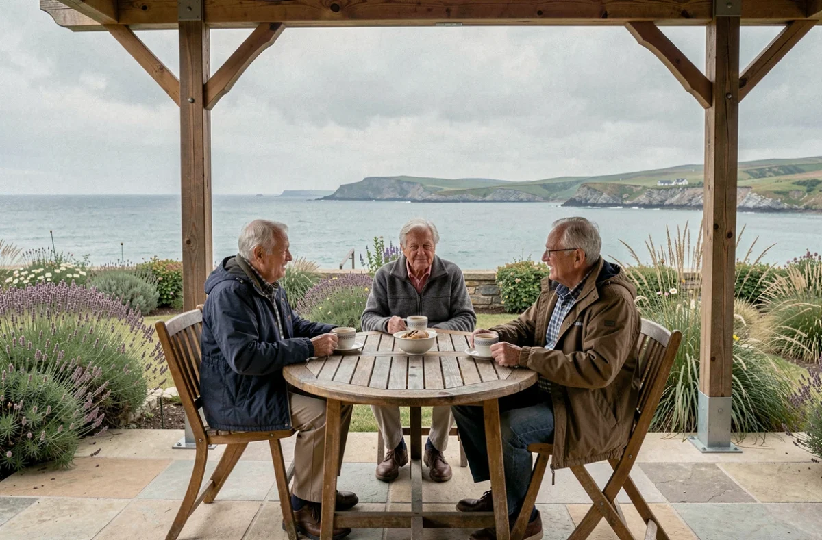 Résidents profitant d'un café en terrasse avec vue sur la côte bretonne à la Maison partagée Ages et Vie à Erquy