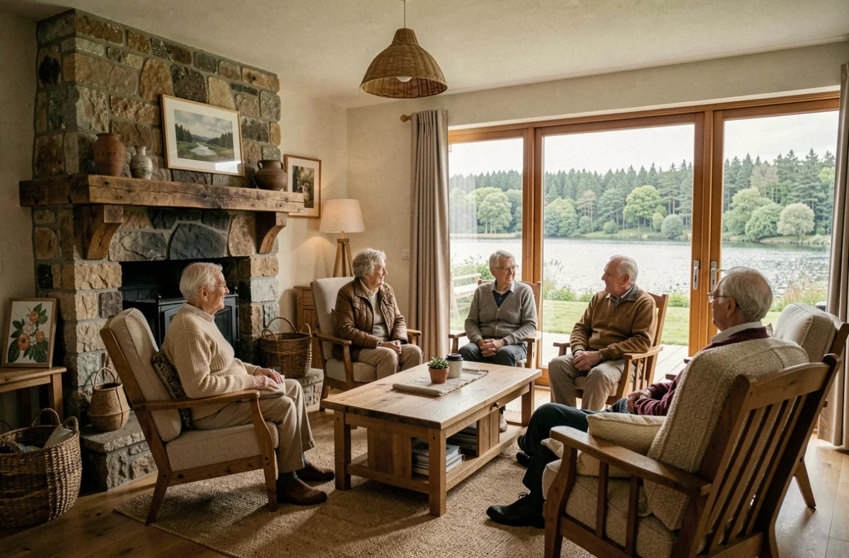 Résidents seniors réunis dans le salon chaleureux de la Maison partagée Ages et Vie à Guerlédan, au bord d'un lac breton