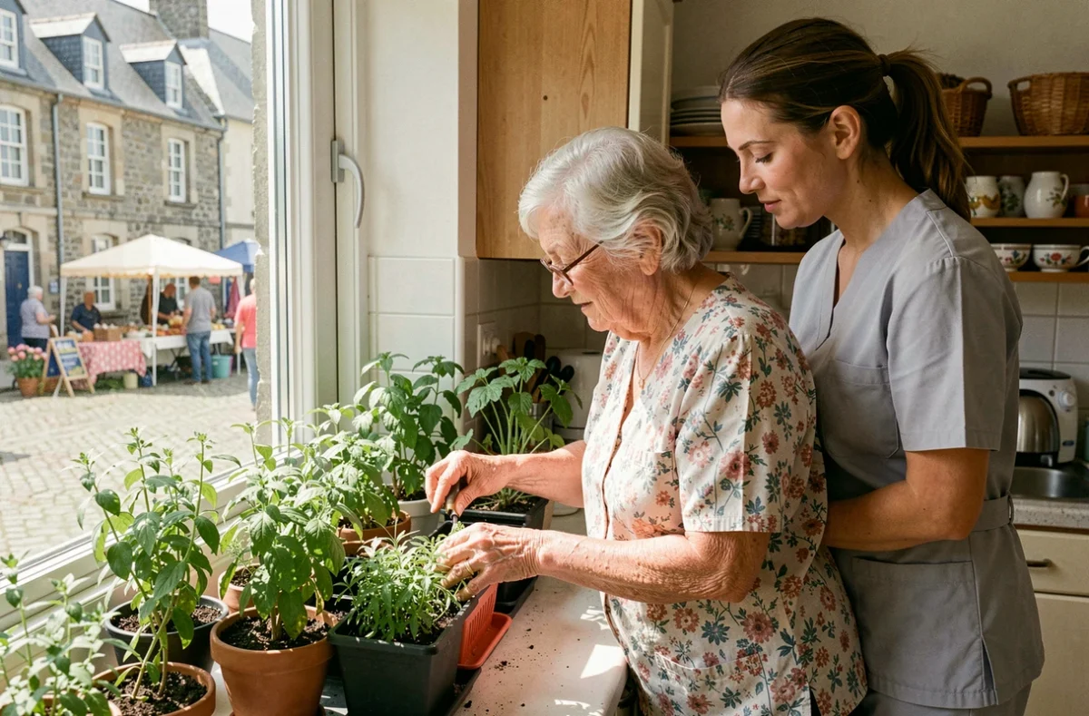 Résidente âgée s'occupant de plantes aromatiques avec l'aide d'une accompagnatrice dans la Maison partagée Ages et Vie à Loudéac