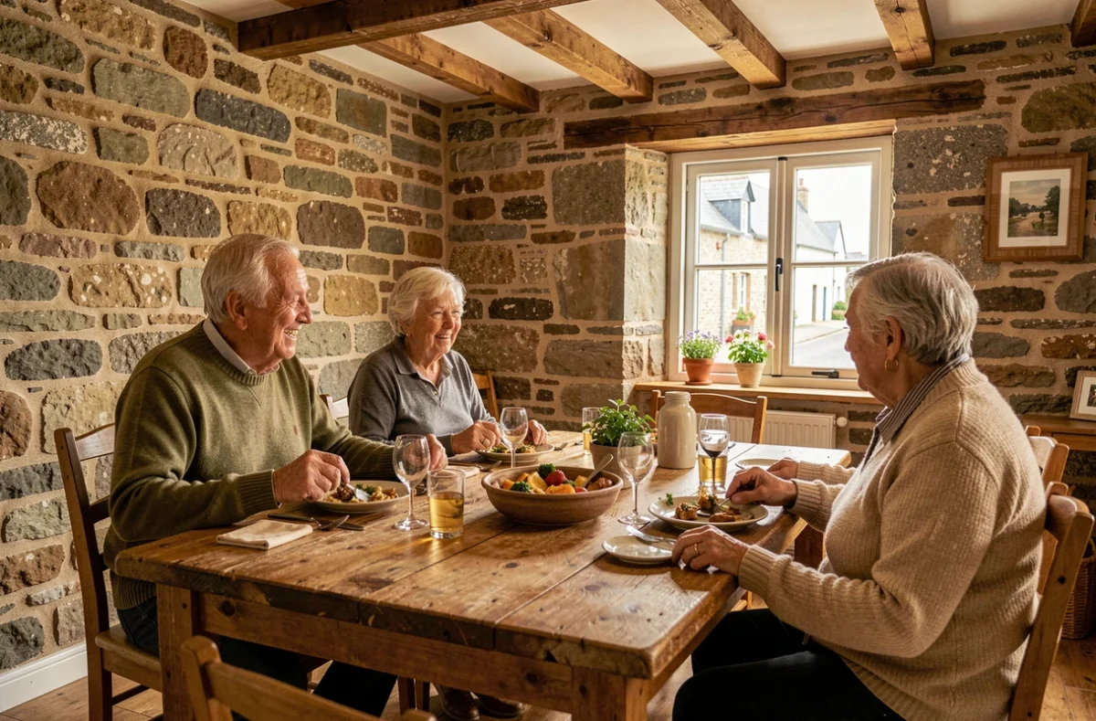 Résidents seniors partageant un repas convivial autour d'une grande table dans la Maison partagée Ages et Vie à Plancoët