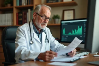 Médecin retraité assis à son bureau examinant une ordonnance médicale imprimée avec un logiciel médical affiché à l'écran