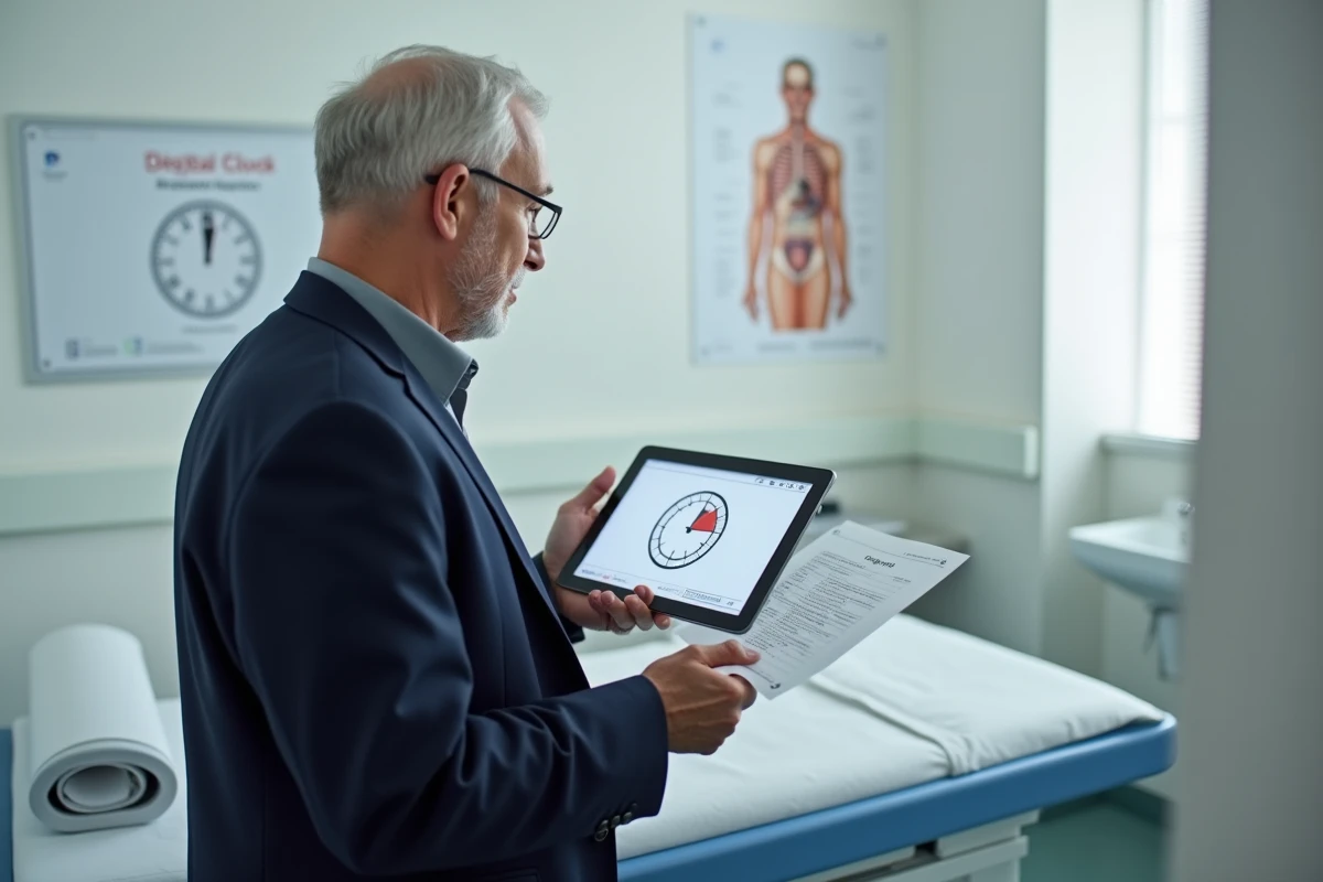 Médecin gériatre comparant les résultats du test de l'horloge numérique et papier en consultation