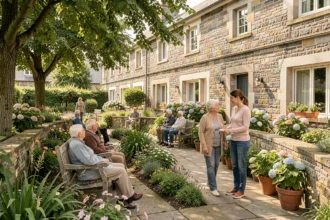 Vue d'ensemble d'une maison de retraite en Bretagne avec des résidents seniors dans un jardin fleuri typique des Côtes-d'Armor