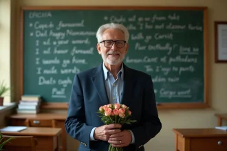 Enseignant retraité ému devant un tableau noir couvert de messages d'adieu de ses élèves dans une salle de classe