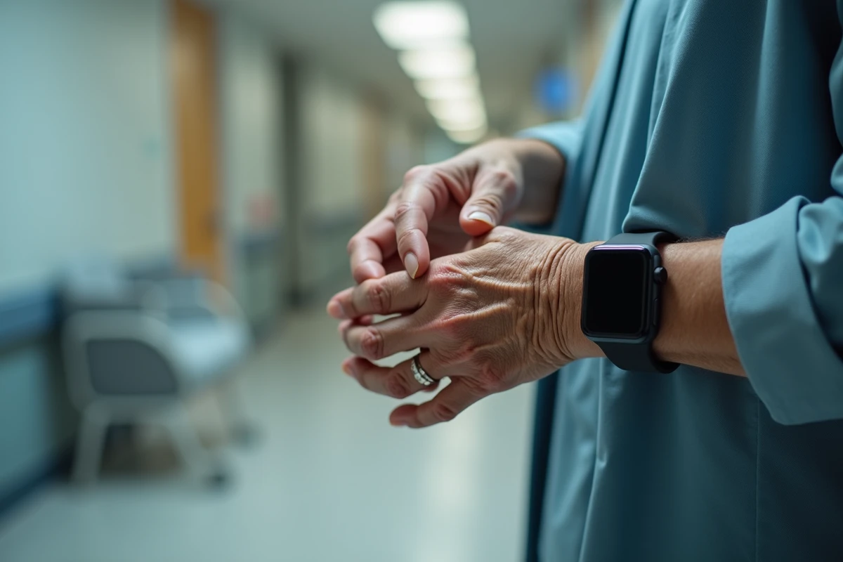 Gros plan sur une montre connectée mal ajustée au poignet d'une personne âgée dans un établissement de soins