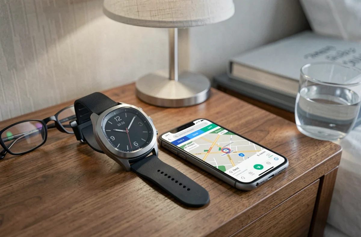 Montre SOS senior GPS posée sur une table de chevet à côté d'un smartphone affichant une carte de localisation