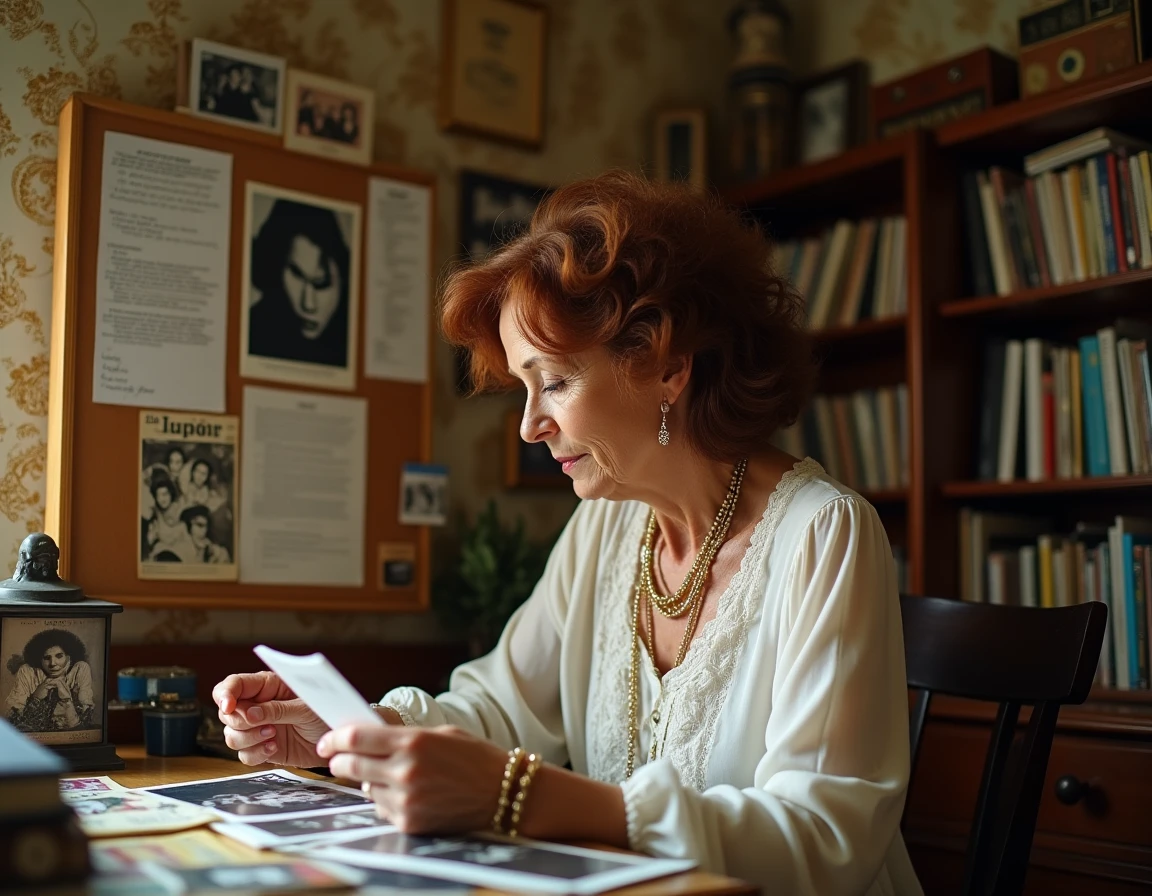 Femme nostalgique entourée de souvenirs et photos de Madonna, atmosphère intime et vintage dans une pièce décorée de memorabilia pop