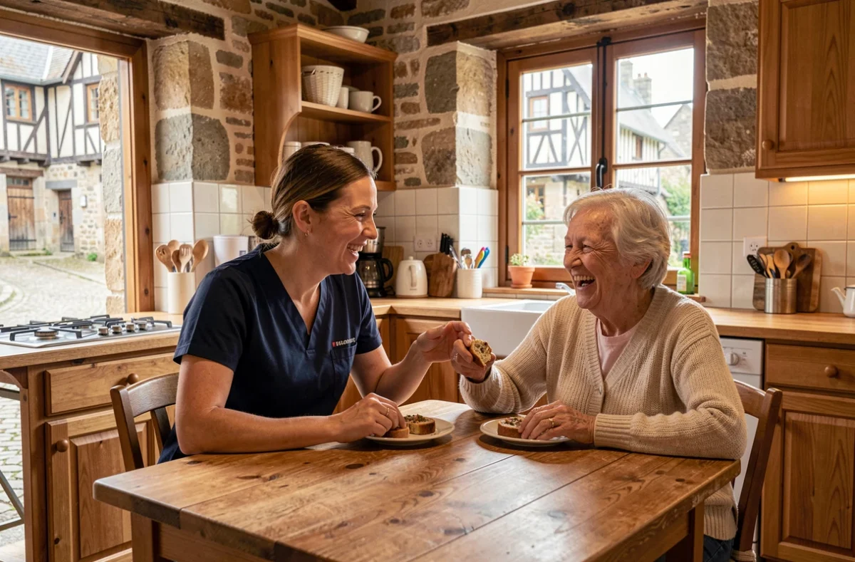 Accompagnatrice souriante partageant un moment convivial avec une résidente âgée dans la maison partagée Oui Seniors à Dinan
