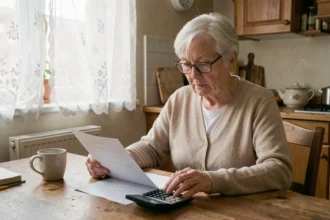Personne âgée calculant le reste à charge d'un EHPAD à domicile avec des documents et une calculatrice