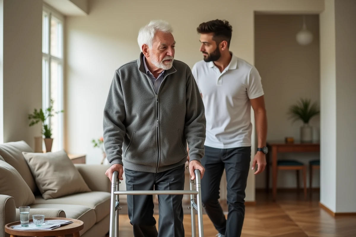 Personne âgée dépendante se déplaçant avec un déambulateur accompagnée d'un auxiliaire de vie à domicile