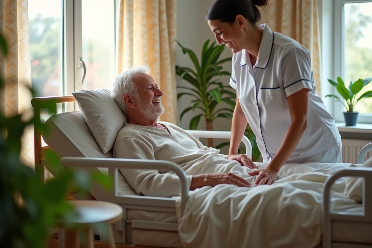 Homme âgé dans son lit médical avec une aide soignante