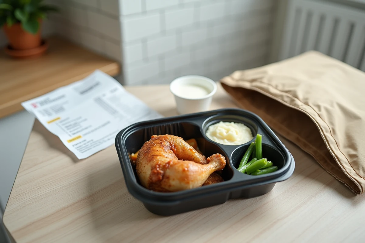 Plateau-repas livré à domicile avec menu équilibré pour personne âgée et bon de livraison