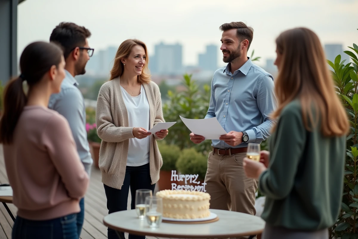 Groupe de collègues réunis en plein air pour un pot de départ à la retraite avec discours spontané