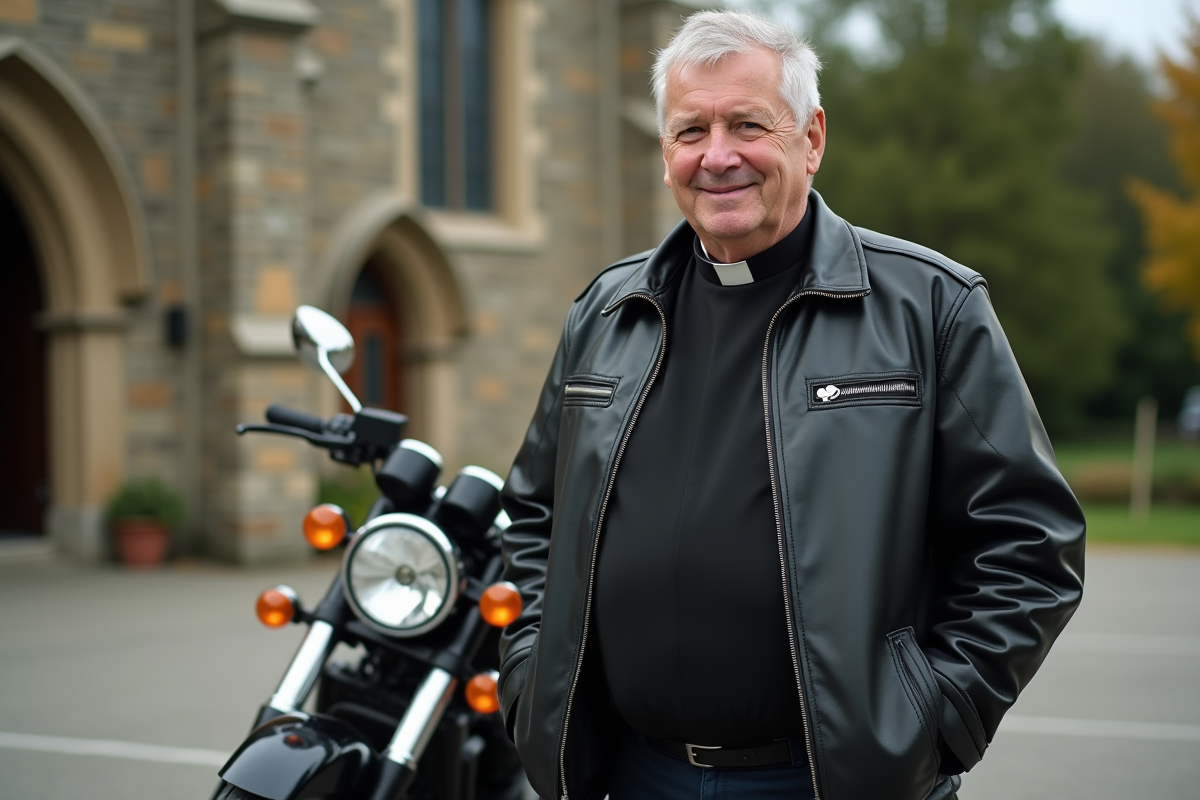 Pretre en moto dans un parking rural avec eglise en fond