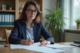Assistante sociale examinant des documents d'admission dans le bureau d'un établissement résidentiel Maison Zélia