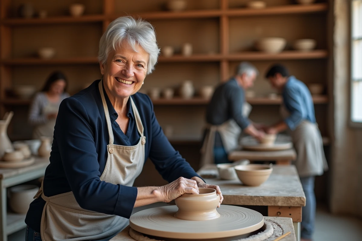 Jeune retraitée parisienne souriante lors d'un atelier de poterie dans un studio artisanal, mains dans l'argile