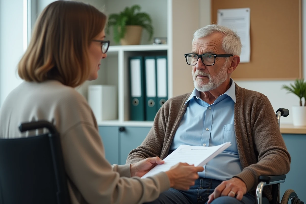 Homme en fauteuil rencontrant une assistante sociale