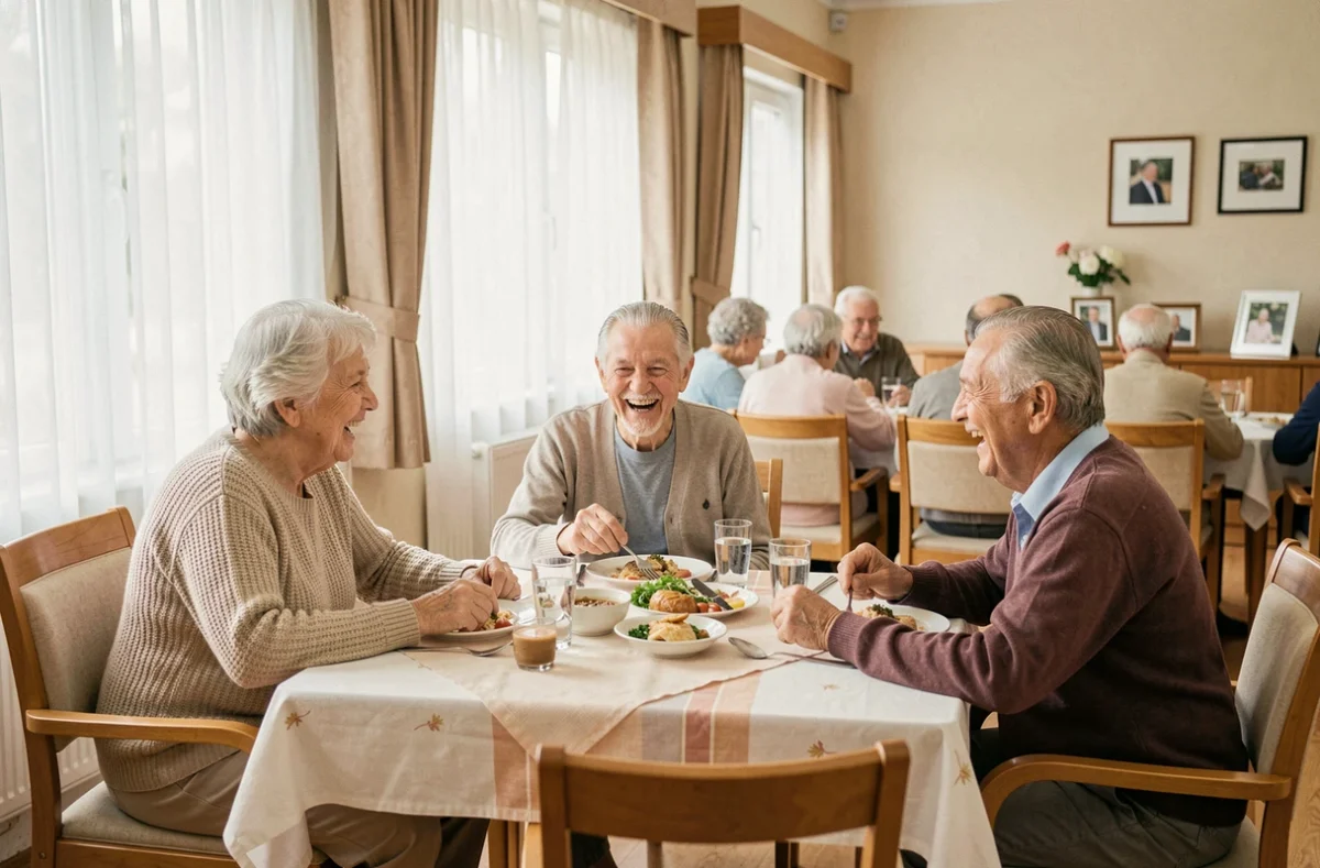 Trois résidents seniors partageant un repas convivial dans la salle commune d'une maison de retraite, vie en établissement