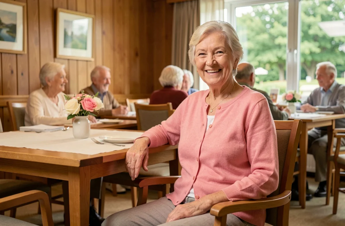 Femme senior souriante attablée dans la salle à manger chaleureuse de la résidence Espérance à Nantes, avec une atmosphère conviviale et soignée