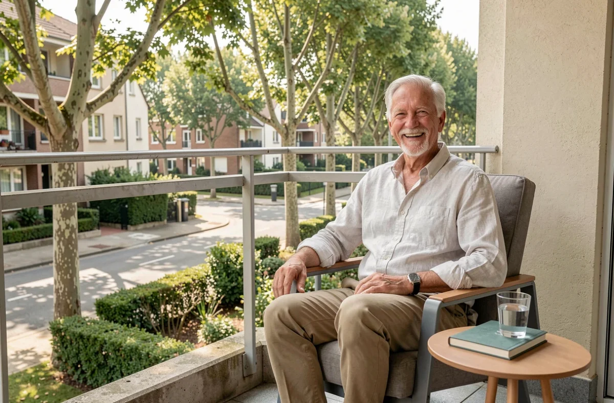 Senior homme détendu sur le balcon de son appartement à la résidence Les Castalies à Nantes, avec vue sur une rue résidentielle arborée