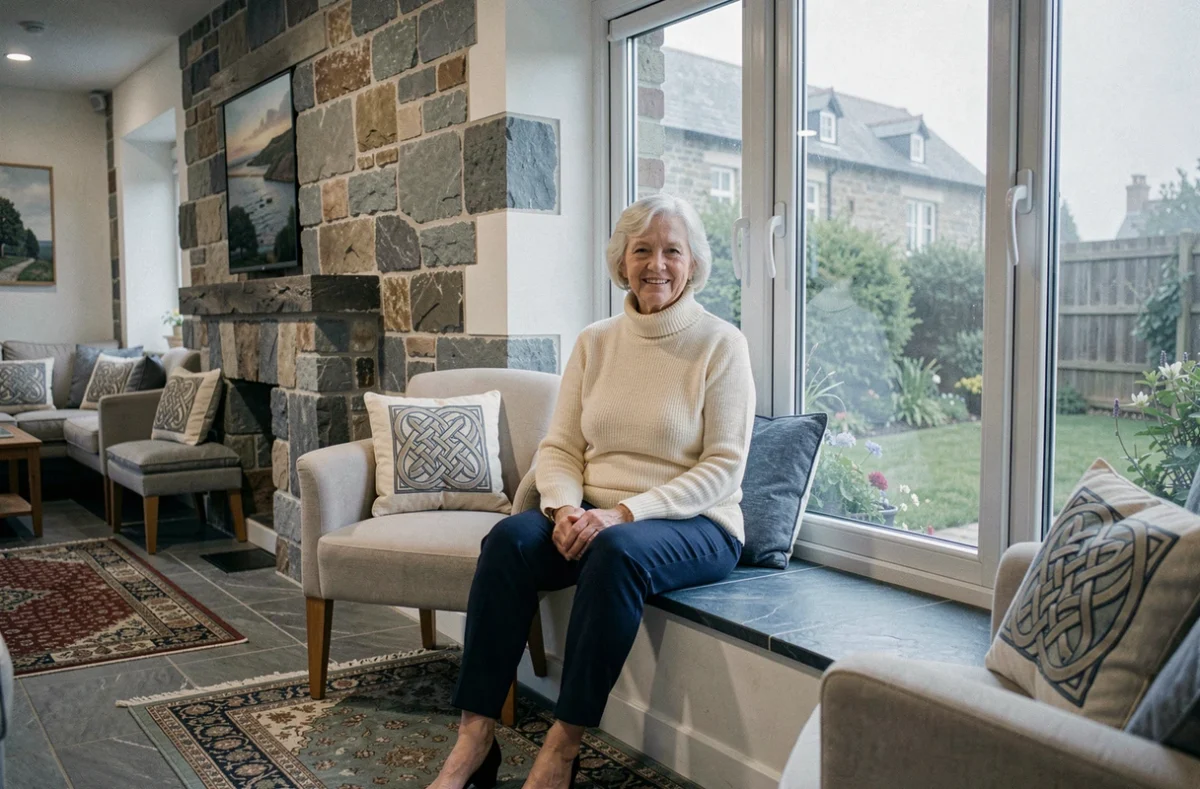 Femme senior élégante dans le salon aux inspirations bretonnes de la résidence Steredenn by Heurus à Nantes, avec décor en ardoise et jardin brumeux en arrière-plan